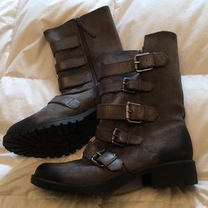 Grey Leather Moto Boots